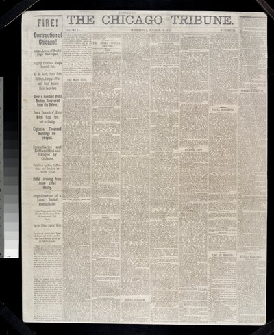 Voorpagina van de Chicago Tribune over de brand van Chicago in 1871, 1871 door American School